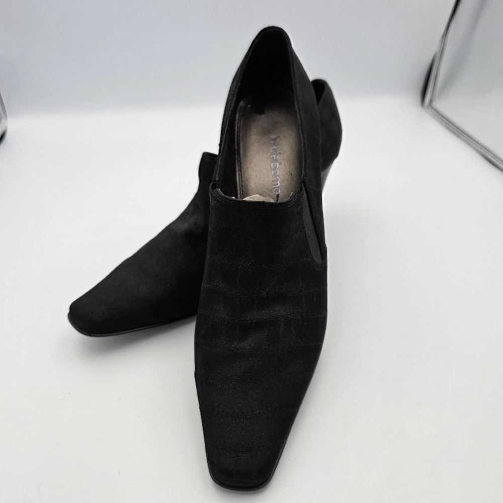 Liz Claiborne Black Suede Elastic Side Ankle Booties Pointed Toe Heels Size 8M